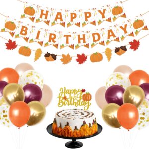 Pumpkin Birthday Decorations Supplies Fall Themed Happy Birthday Banner Fall Leaves Garland Pumpkin Cake Topper and Balloons for Autumn Fall Thanksgiving Birthday Party Favors Photo Props Backdrop