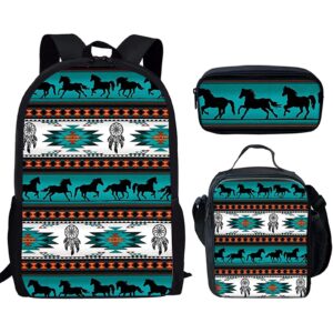 giftpuzz turquoise aztec horse backpack set with pencil case small purse, thermal lunch box tote insulated cooler lunch bags, teen 15" rucksack zip lightweight bookbag schoobags 3 in 1