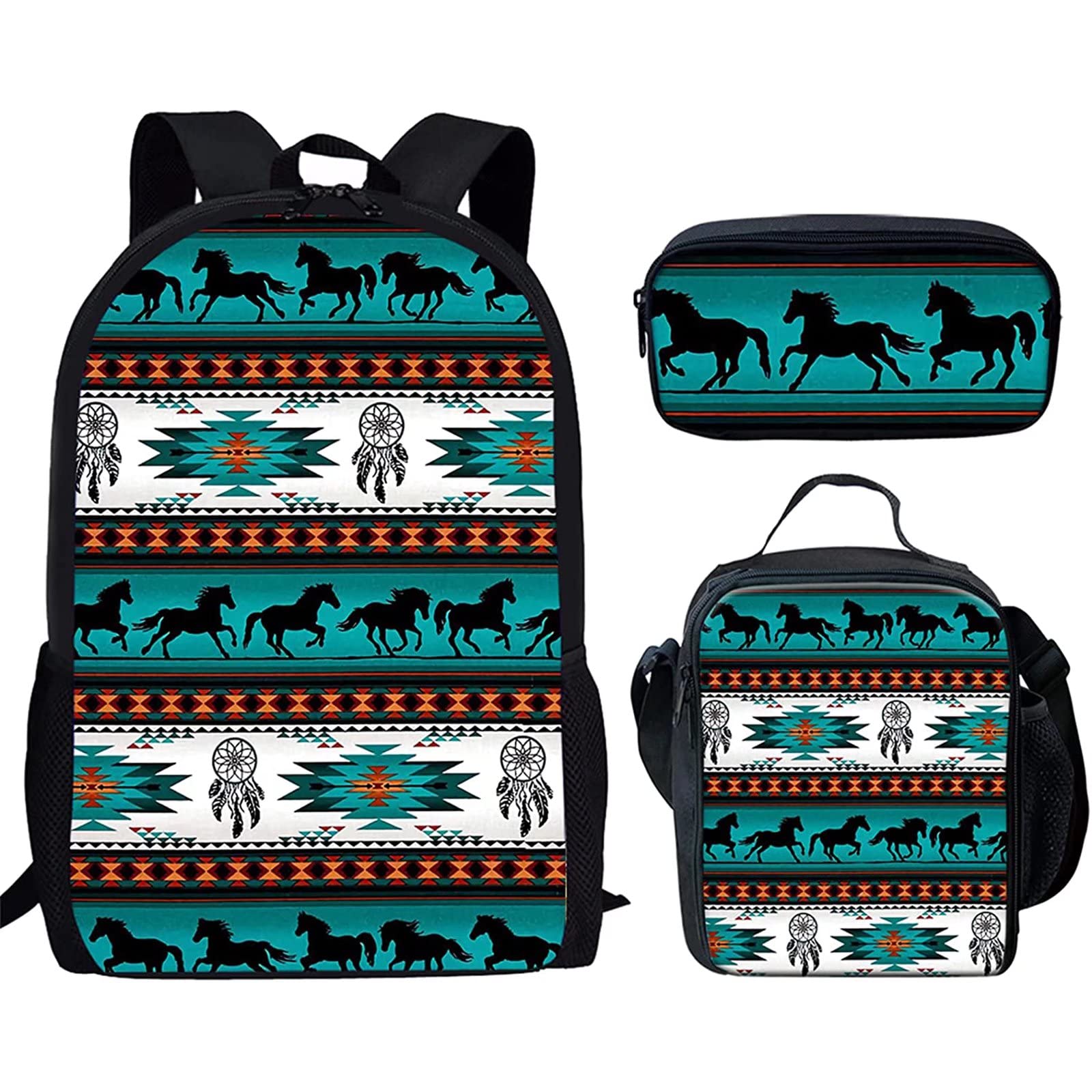 GIFTPUZZ Turquoise Aztec Horse Backpack Set with Pencil Case Small Purse, Thermal Lunch Box Tote Insulated Cooler Lunch Bags, Teen 15" Rucksack Zip Lightweight Bookbag Schoobags 3 IN 1