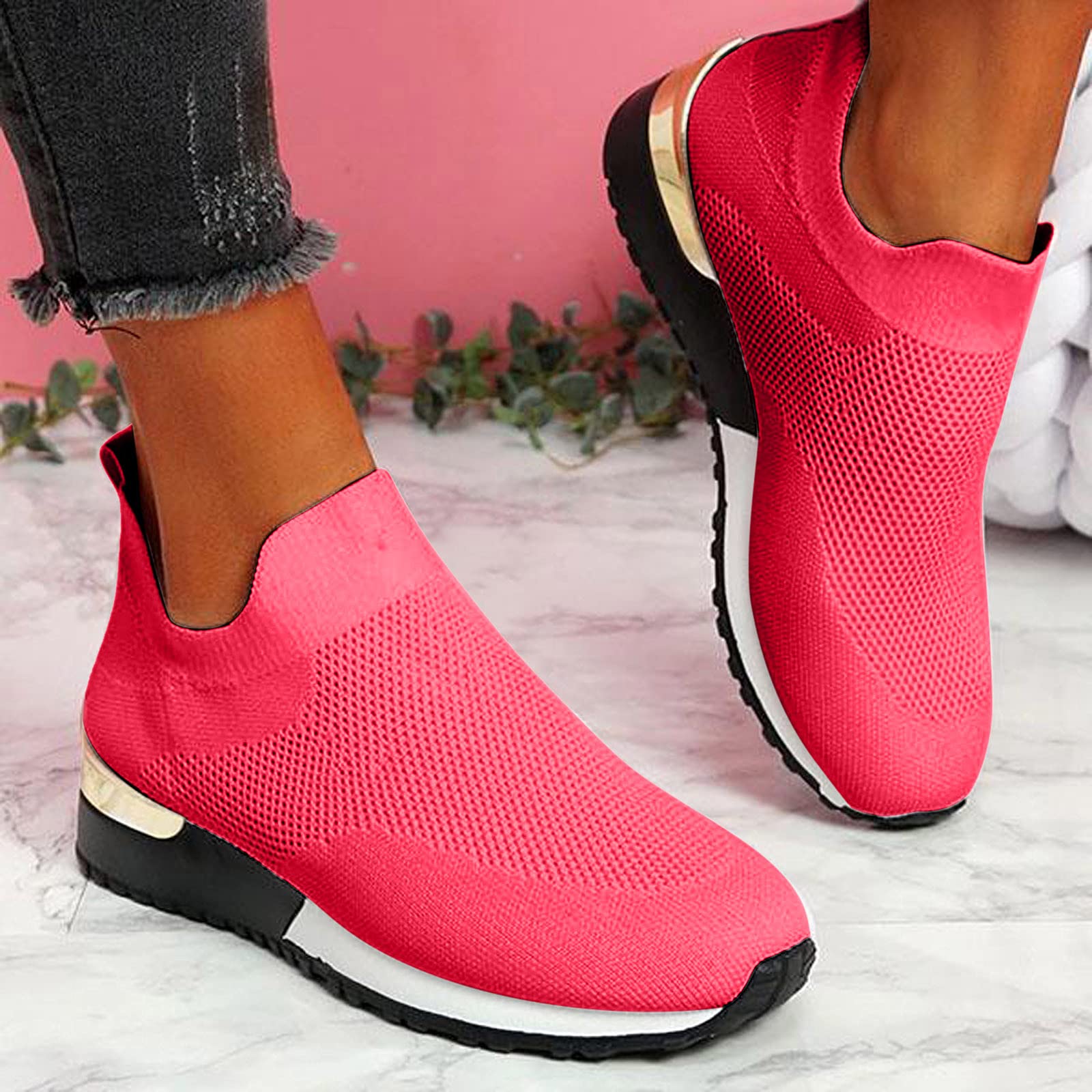 Rodam Arthritis Sneakers for Women Men Comfortable Arch Support Shoes Casual Slip On High Top Mesh Shoes Breathable Running Walking Shoes Travel Basketball Tennis Athletic Shoes (Red, 9)