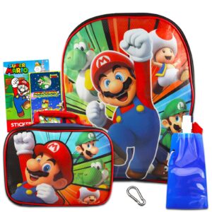 Mario Shop Super Mario Backpack With Lunch Box For Kids ~ 4 Pc Bundle Featuring Mario, Yoshi, and Luigi, With School Bag, Stickers, Lunch Bag And More | Nintendo School Supplies