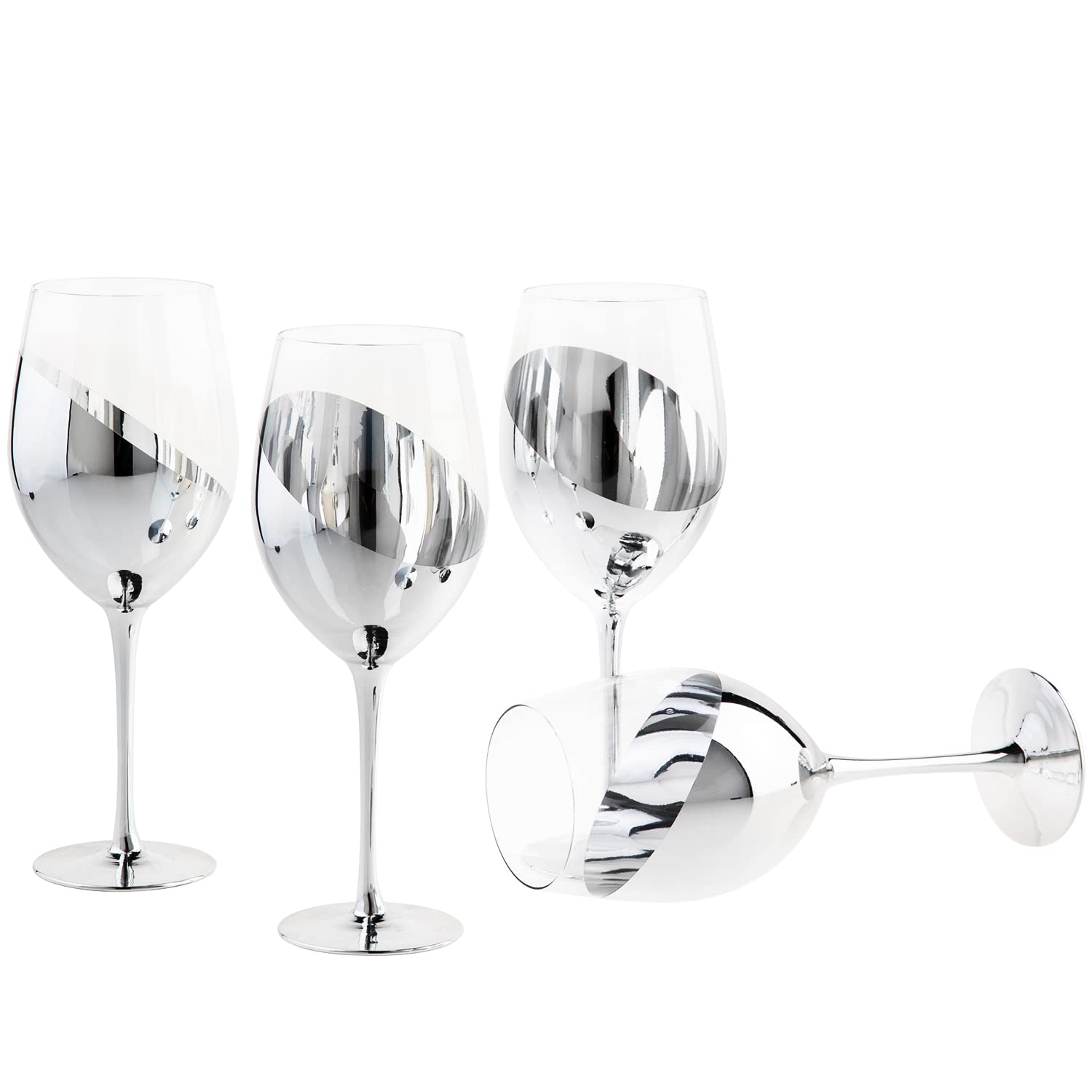 MyGift Modern Silver Long Stemmed Wine Glasses for White or Red Wine with Elegant Angled Design, Set of 4