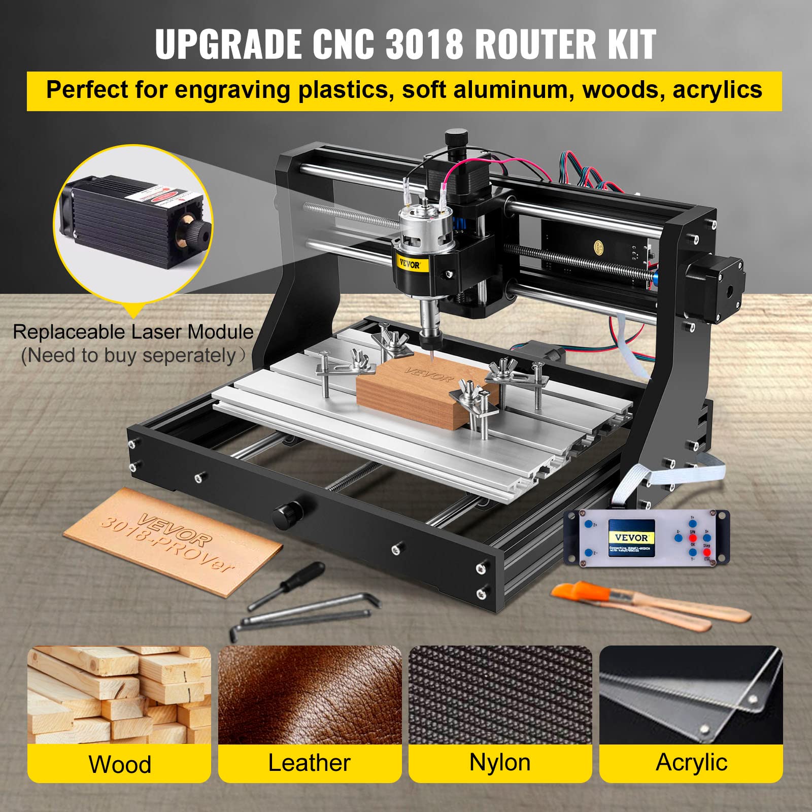 VEVOR CNC 3018-PRO Router Kit GRBL Control 3 Axis Plastic Acrylic PCB PVC Wood Carving Milling Engraving Machine, XYZ Working Area 300x180x45mm