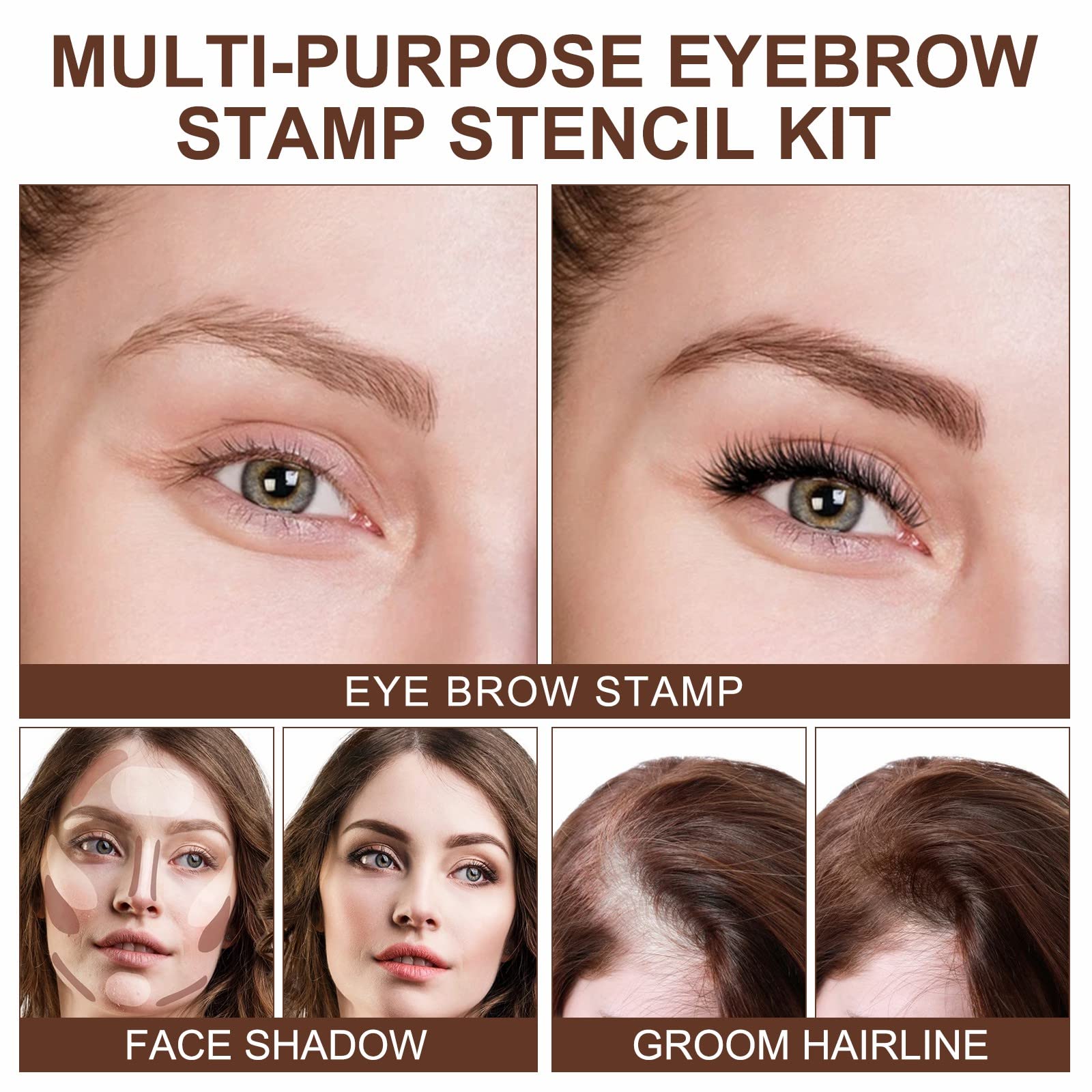 Eyebrow Stamp and Eyebrow Stencil Kit, Long Lasting Brow Stamp Kit for Perfect Eyebrow Makeup, Easy to Use, 10 Reusable Eye Brow Stencil Kit for Women Beginners (Medium Brown)