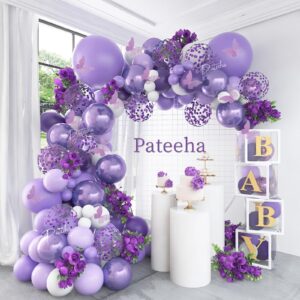 Pateeha Purple Balloon Arch Kit 145 Pcs Butterfly Baby Shower Decorations for Girl White Lavender Balloons Garland Metallic Purple Confetti Balloons for Birthday Party Decorations