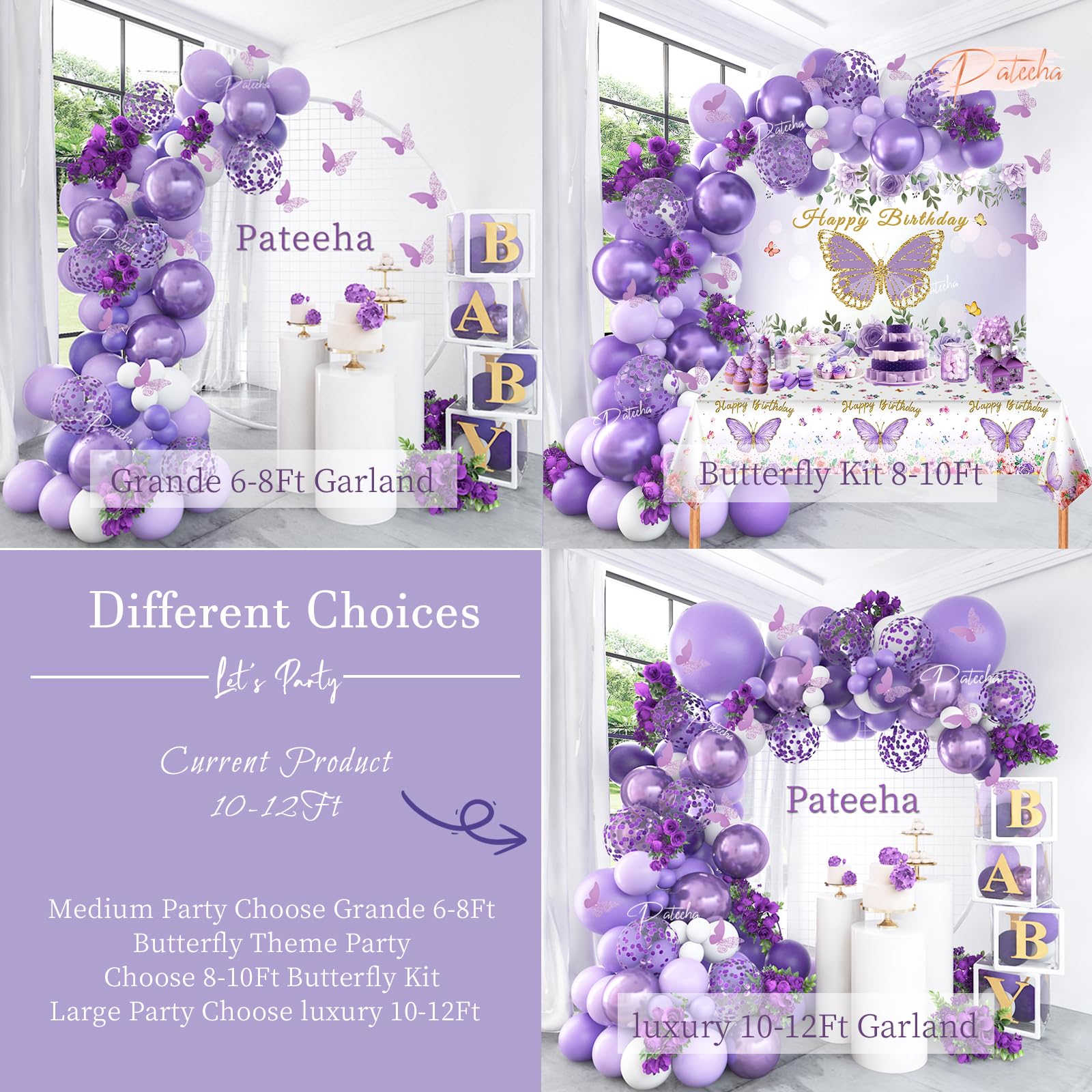 Pateeha Purple Balloon Arch Kit 145 Pcs Butterfly Baby Shower Decorations for Girl White Lavender Balloons Garland Metallic Purple Confetti Balloons for Birthday Party Decorations