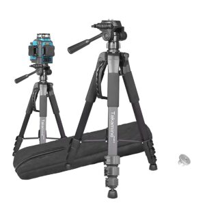 takamine 63" lightweight adjustable laser level aluminum tripod with portable handle, bubble level, quick release plate with 1/4" screw mount & 5/8" unf adapter nut, 3-way swivel pan head