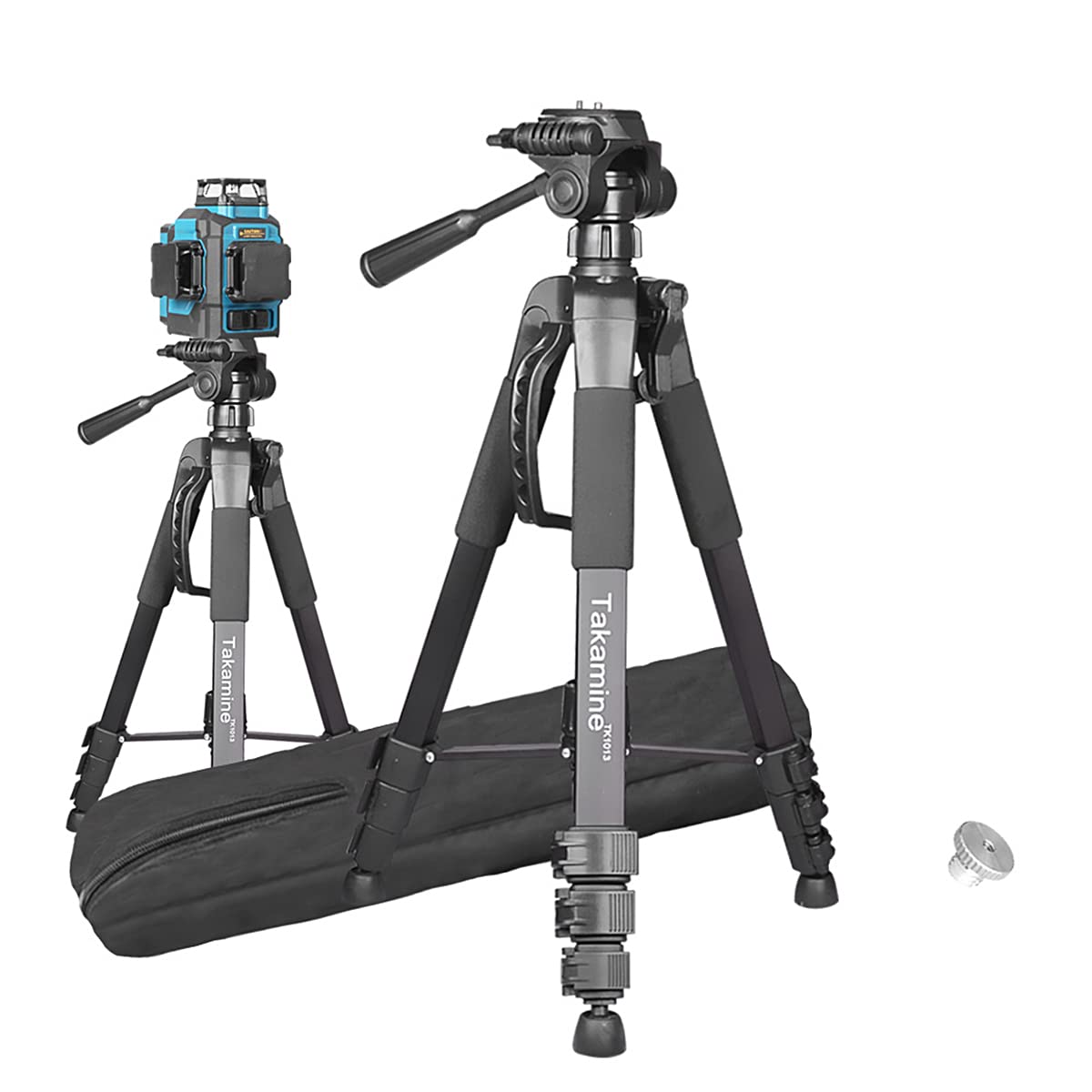 Takamine 63" Lightweight Adjustable Laser Level Aluminum Tripod with Portable Handle, Bubble Level, Quick Release Plate with 1/4" Screw Mount & 5/8" UNF Adapter Nut, 3-Way Swivel Pan Head