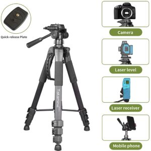 Takamine 63" Lightweight Adjustable Laser Level Aluminum Tripod with Portable Handle, Bubble Level, Quick Release Plate with 1/4" Screw Mount & 5/8" UNF Adapter Nut, 3-Way Swivel Pan Head