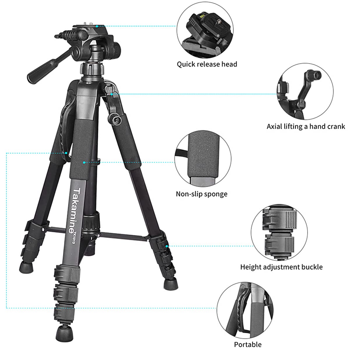 Takamine 63" Lightweight Adjustable Laser Level Aluminum Tripod with Portable Handle, Bubble Level, Quick Release Plate with 1/4" Screw Mount & 5/8" UNF Adapter Nut, 3-Way Swivel Pan Head