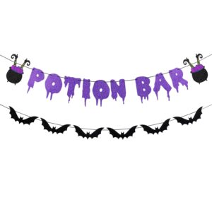 purple glitter potion bar banner and black glitter bat banner- halloween party decorations,halloween party banner for haunted house,bat decorations,halloween mantle home decor