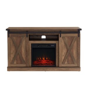 edyo living farmhouse electric fireplace tv stand for 60 inch tv, barn door entertainment center with fireplace and open storage shelves for living room, rustic oak