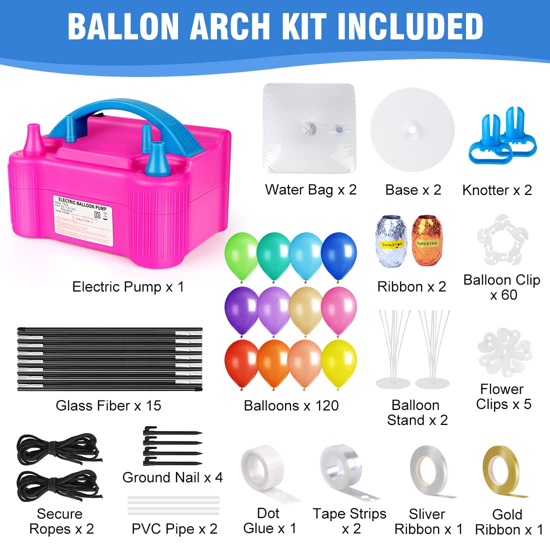 Balloon Arch Kit and Balloon Pump, Adjustable Balloon Arch 2 Balloon Stand with 120PCS Balloons, Water Bases, 60 Balloon Clips, Knotter for Wedding Graduation Birthday Party Supplies Decoration