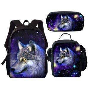 kuiaobaty galaxy wolf print school backpack laptop backpack with lunch bag pen case children kids preschool book bag 3 in 1 schoolbag