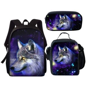 Kuiaobaty Galaxy Wolf Print School Backpack Laptop Backpack with Lunch Bag Pen Case Children Kids Preschool Book Bag 3 in 1 Schoolbag