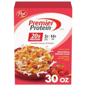 post premier protein mixed berry almond cereal, high protein cereal, protein rich breakfast or snack made with real berries and almonds, 30 ounce - 1 count