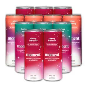 moment adaptogen drink (shark tank) - sparkling combo | cherry hibiscus, lychee mint, plum ginseng | l-theanine & ashwagandha for calm & clarity | 0 added sugar, 0 caffeine, 0 alcohol | 12-pack