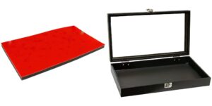 findingking black glass-top jewelry case (single metal latch) w/ 1 tray insert (red 72-slot ring foam insert)