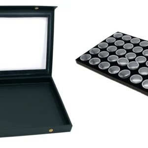 Black Glass Top Jewelry Case (Snap Close lid) w/ 1 Gem Jar Tray Insert (Black Foam 50 Gem Jar Insert)