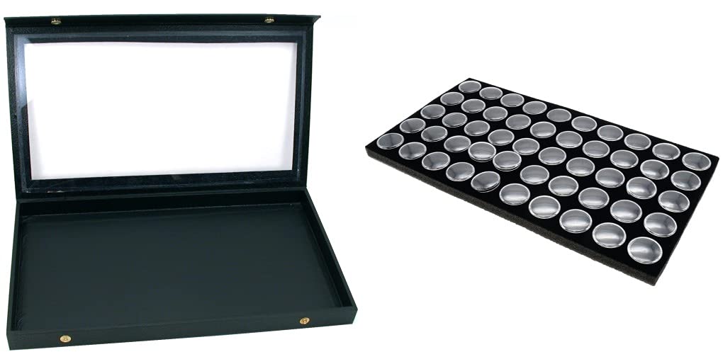 Black Glass Top Jewelry Case (Snap Close lid) w/ 1 Gem Jar Tray Insert (Black Foam 50 Gem Jar Insert)