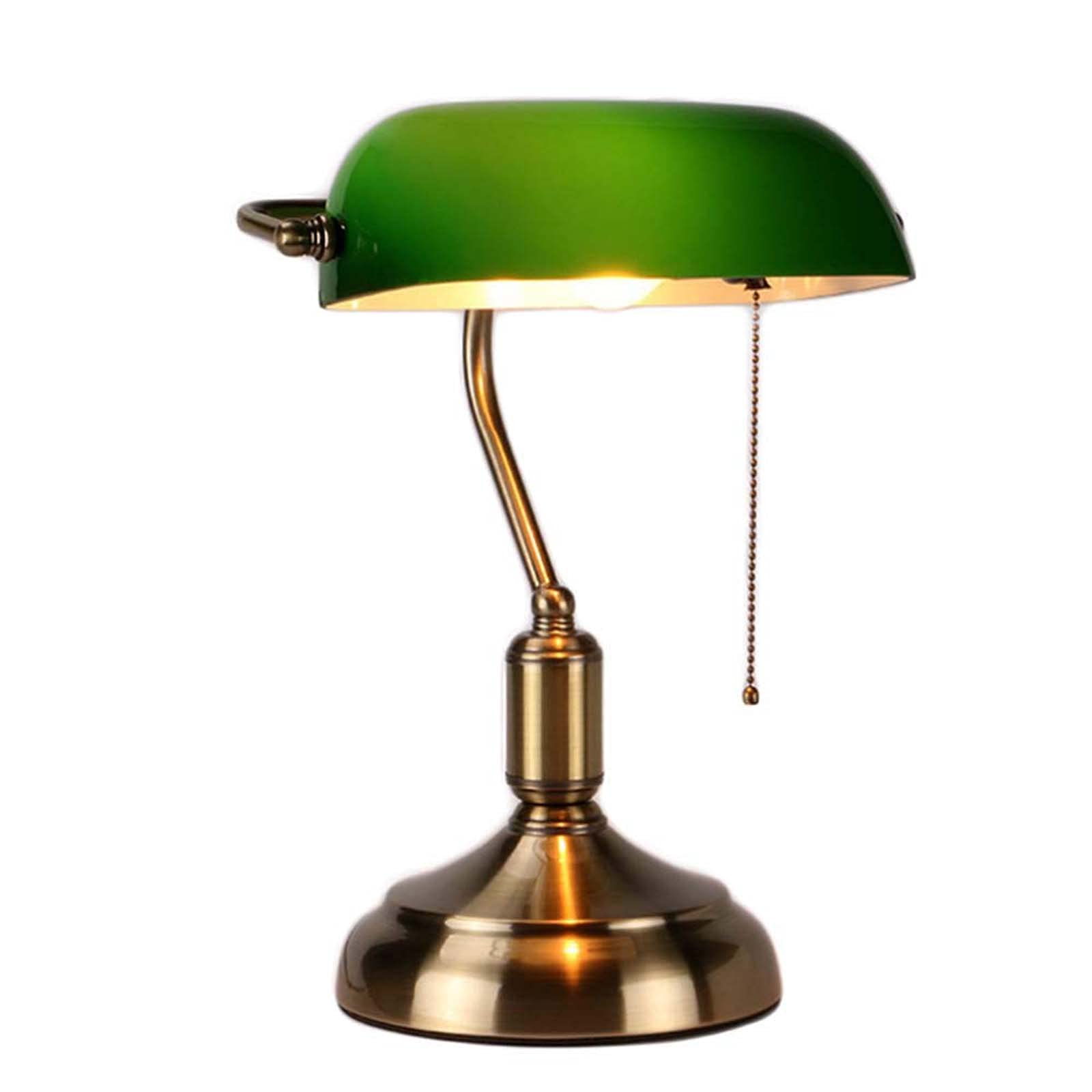 MZSUS Traditional Green Glass Bankers Desk Lamp/Library Desk Lamp/Office Desk Lamp/Study Desk Lamp with Pull Switch (Brass Base)