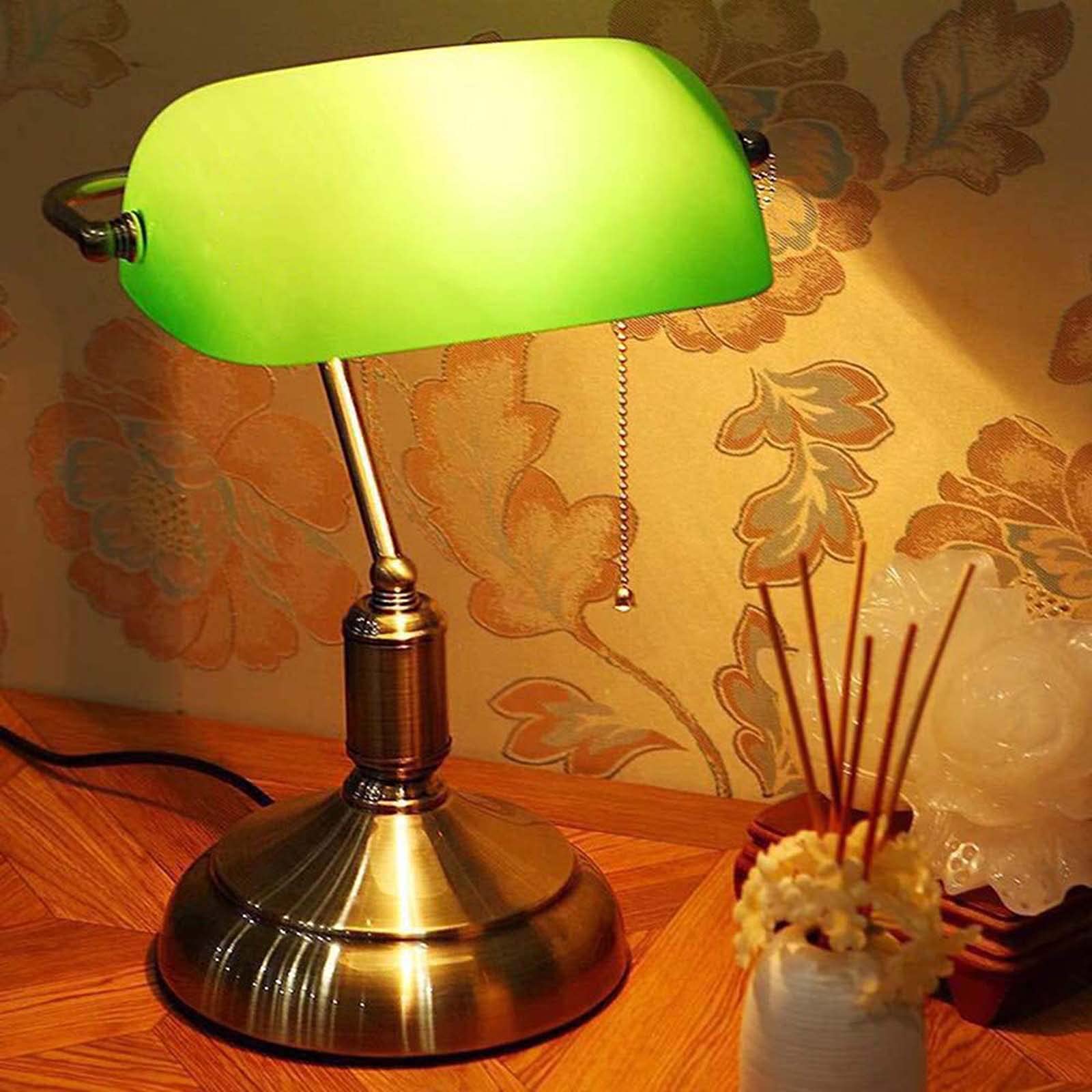 MZSUS Traditional Green Glass Bankers Desk Lamp/Library Desk Lamp/Office Desk Lamp/Study Desk Lamp with Pull Switch (Brass Base)