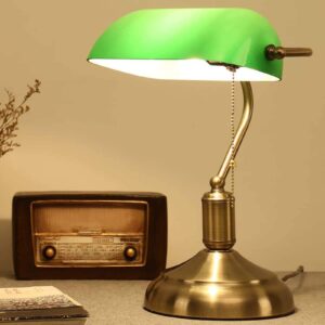 MZSUS Traditional Green Glass Bankers Desk Lamp/Library Desk Lamp/Office Desk Lamp/Study Desk Lamp with Pull Switch (Brass Base)