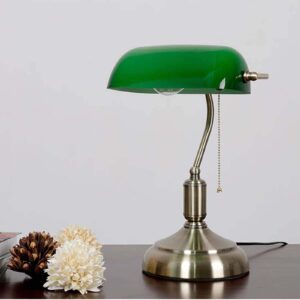 MZSUS Traditional Green Glass Bankers Desk Lamp/Library Desk Lamp/Office Desk Lamp/Study Desk Lamp with Pull Switch (Brass Base)