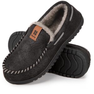 HomeTop Men's Faux Suede Memory Foam Moccasin Slippers Soft Plush Warm Lining House Shoes with Anti-Skid Rubber Sole (10, Black)