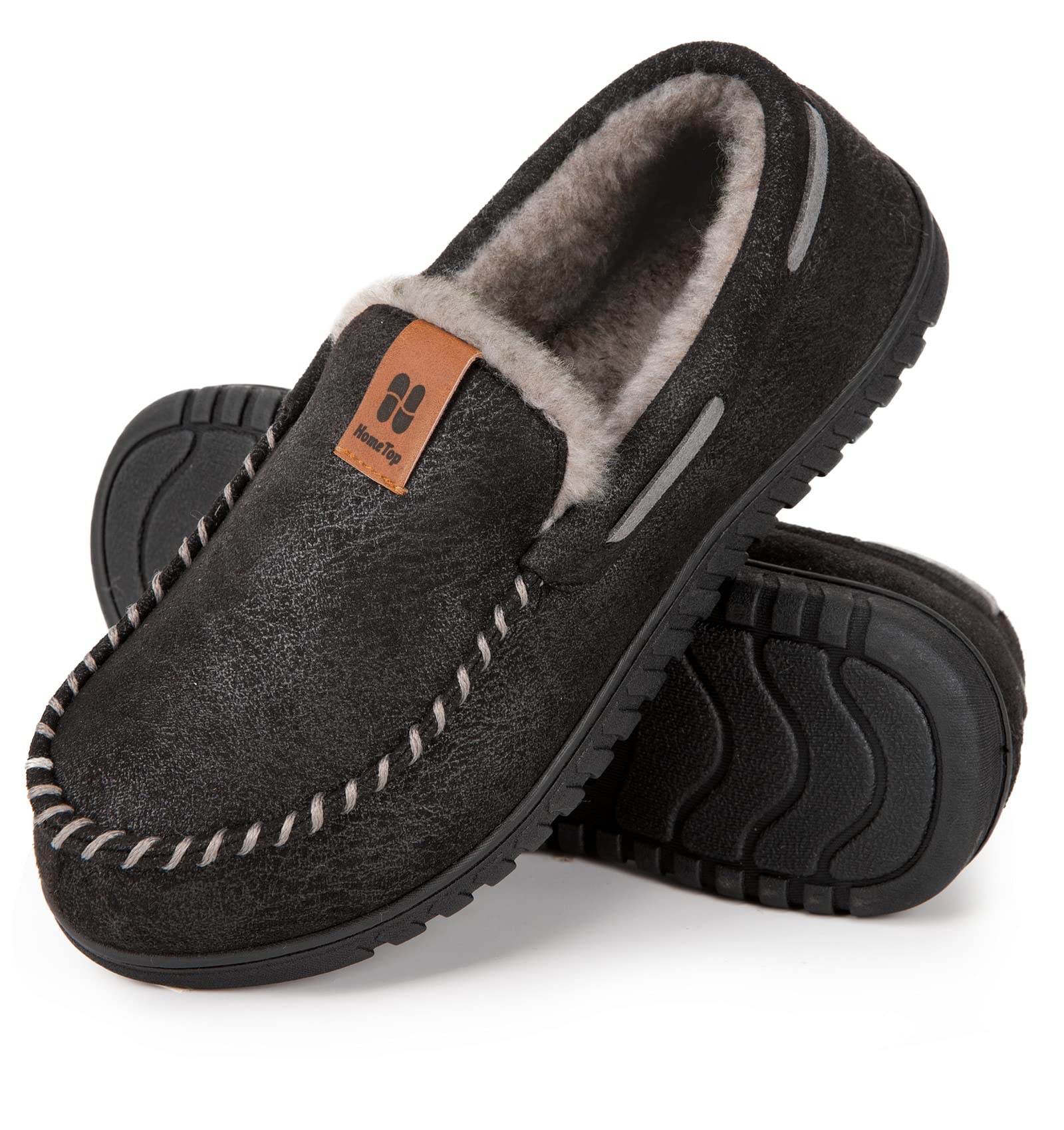 HomeTop Men's Faux Suede Memory Foam Moccasin Slippers Soft Plush Warm Lining House Shoes with Anti-Skid Rubber Sole (10, Black)