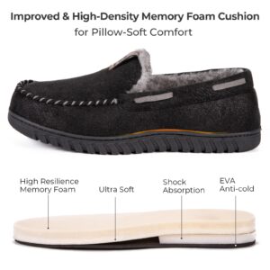 HomeTop Men's Faux Suede Memory Foam Moccasin Slippers Soft Plush Warm Lining House Shoes with Anti-Skid Rubber Sole (10, Black)