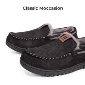 HomeTop Men's Faux Suede Memory Foam Moccasin Slippers Soft Plush Warm Lining House Shoes with Anti-Skid Rubber Sole (10, Black)
