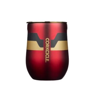 corkcicle marvel ironman 12 oz triple-insulated stemless insulated reusable cup with lid and silicone bottom, keep beverages cold for 25 hours and hot for 12 hours, bpa free
