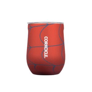 corkcicle spiderman stemless wine glass tumbler, triple insulated stainless steel, easy grip, non-slip bottom, keeps beverages chilled for 9 hours, 12 oz