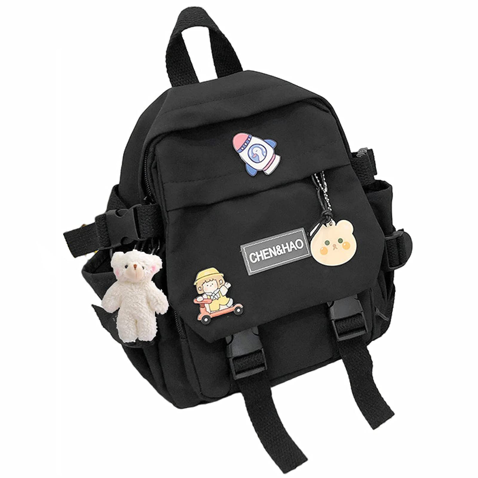 PEXIZUAN kawaii backpack girl school bag waterproof nylon with kawaii pendant cute pin mini backpack(black)