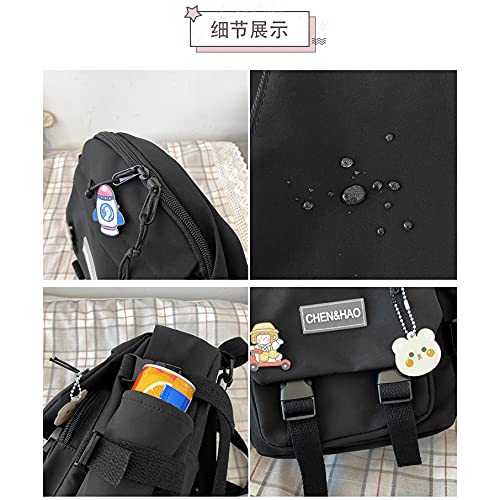 PEXIZUAN kawaii backpack girl school bag waterproof nylon with kawaii pendant cute pin mini backpack(black)