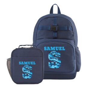let's make memories navy backpack collection - personalized back to school supplies - book bag with lunchbox - blue camo design