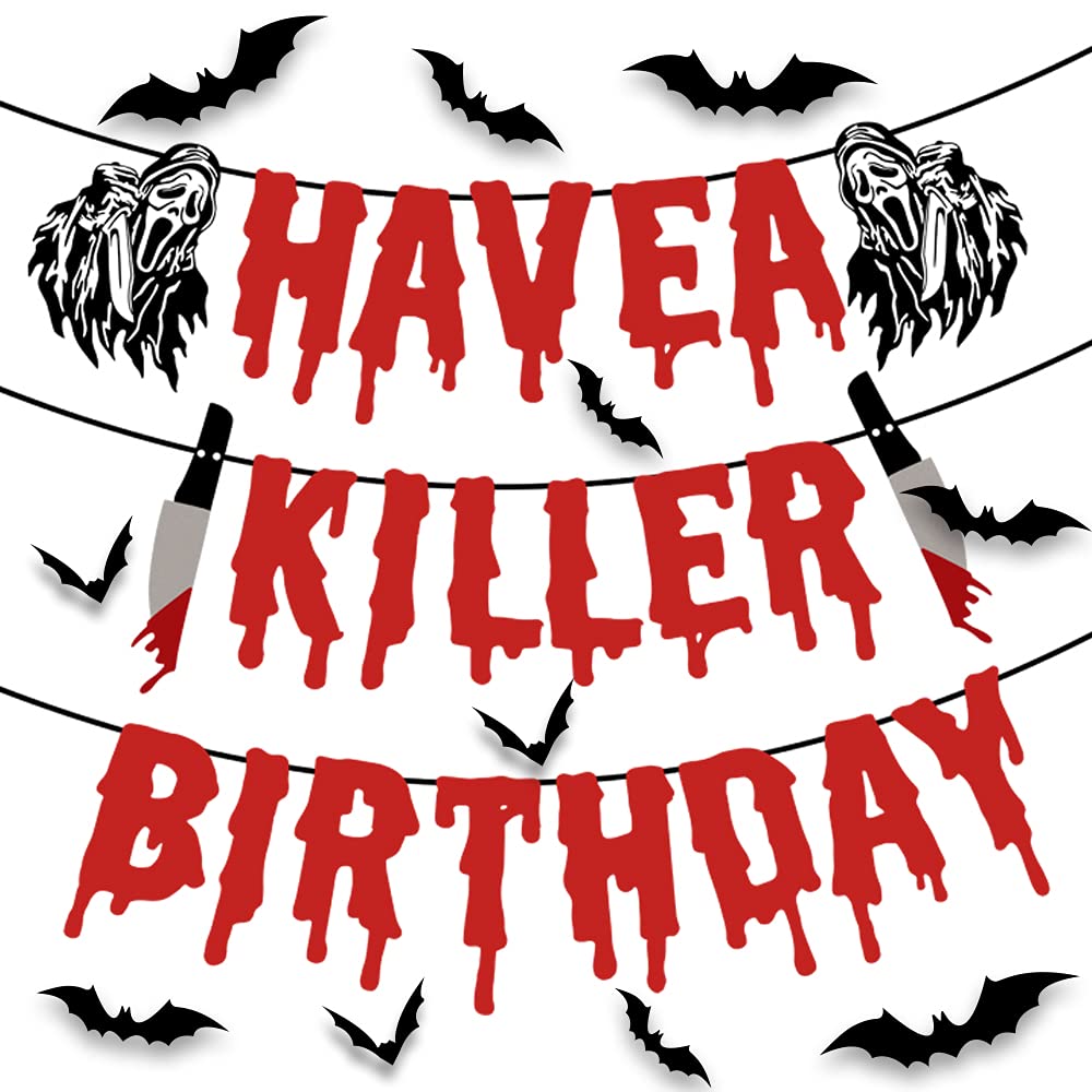 Quimoy Have a Killer Birthday Decorations, Halloween Banner Decorations, with 12 Pcs Bat Wall Sticker Décor Party,Kid Party,Haunted House Decor