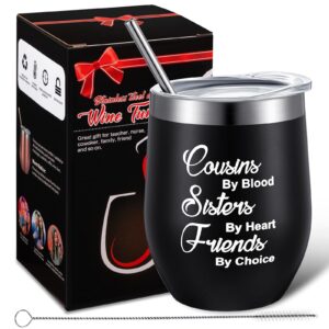 Patelai Cousin Gifts For Women Cousin Wine Tumbler Sisters by Heart Friends by Choice Coffee Mug, Christmas Mug Tumbler for Cousins, 12 oz Vacuum Insulated Wine Tumbler with Gift Box (Black)