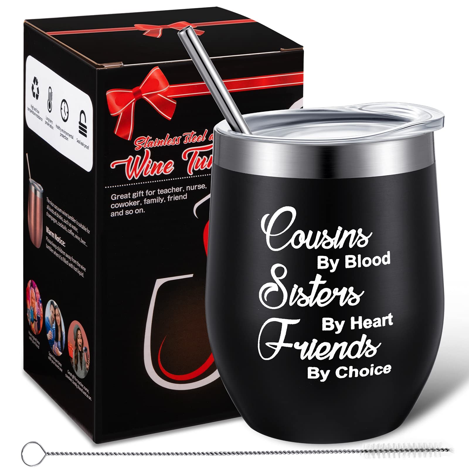 Patelai Cousin Gifts For Women Cousin Wine Tumbler Sisters by Heart Friends by Choice Coffee Mug, Christmas Mug Tumbler for Cousins, 12 oz Vacuum Insulated Wine Tumbler with Gift Box (Black)