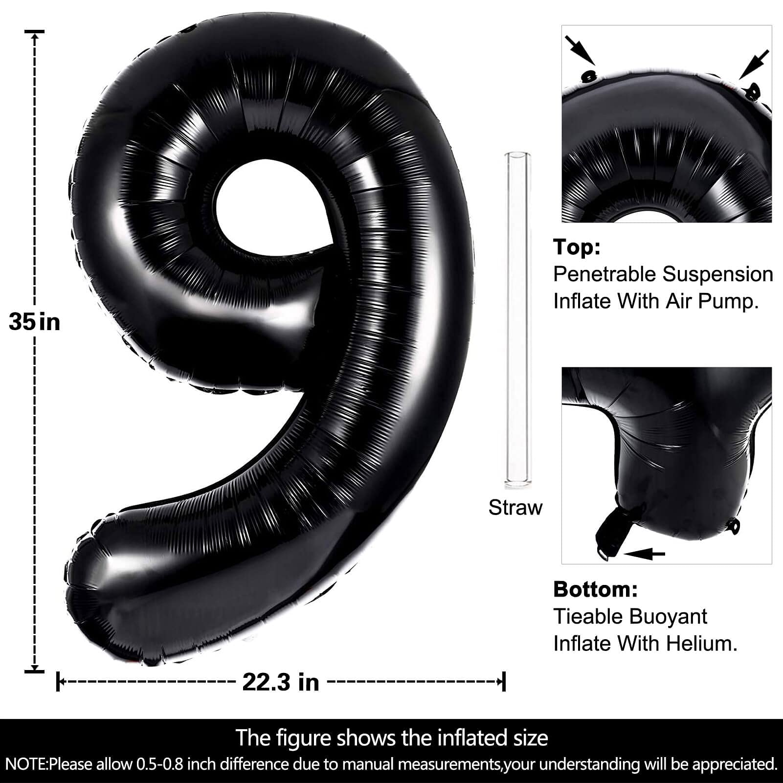 40 Inch Large Black Number 9 Balloon Extra Big Size Jumbo Digit Mylar Foil Helium Balloons for Birthday Party Celebration Decorations Graduations Wedding Anniversary Baby Shower Supplies Photo Shoot