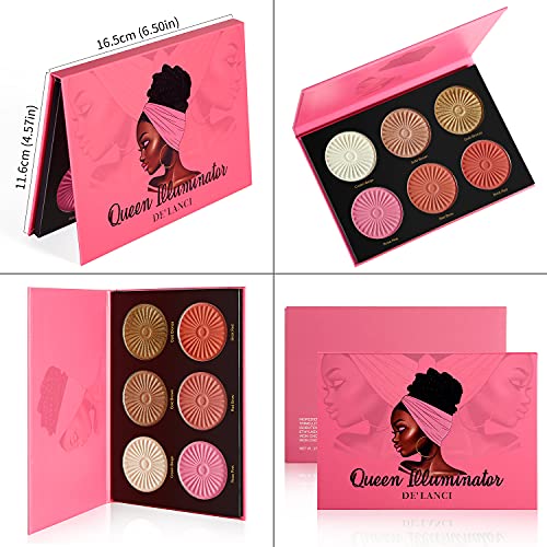 Blush Highlighter Palette, DE’LANCI 6 Color Blushes Highlighter Bronzer Makeup Palette, Natural Matte Shimmer Face Blush Illuminator Pallet, Cheek Blushing Pressed Powder Pallet for Dark Skin Black Women