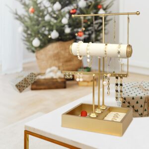 Funlove Jewelry Organizer Stand 3-in-1 Holder for Necklaces Bracelet Earrings & Ring, Tree Jewelry Tower Metal & Wood-Gold