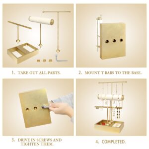 Funlove Jewelry Organizer Stand 3-in-1 Holder for Necklaces Bracelet Earrings & Ring, Tree Jewelry Tower Metal & Wood-Gold