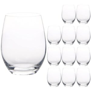 hakeemi set of 12 stemless wine glasses for red white wine, 15 oz, crystal, dishwasher safe