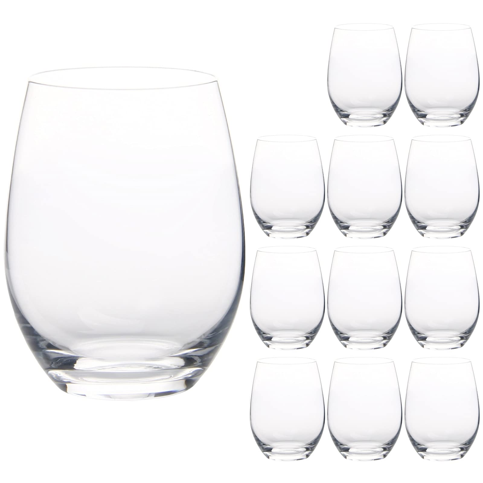 HAKEEMI Set of 12 Stemless Wine Glasses for Red White Wine, 15 oz, Crystal, Dishwasher Safe