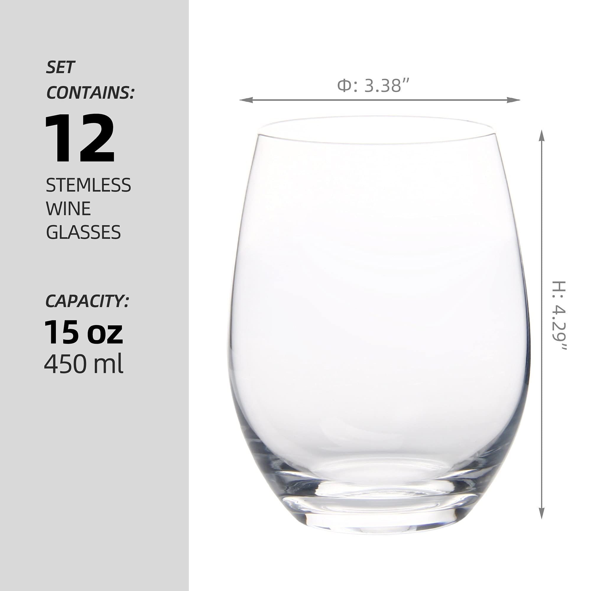 HAKEEMI Set of 12 Stemless Wine Glasses for Red White Wine, 15 oz, Crystal, Dishwasher Safe