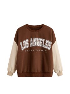 soly hux girl's letter print sweatshirt casual long sleeve drop shoulder pullover tops t shirt coffee brown 11-12y