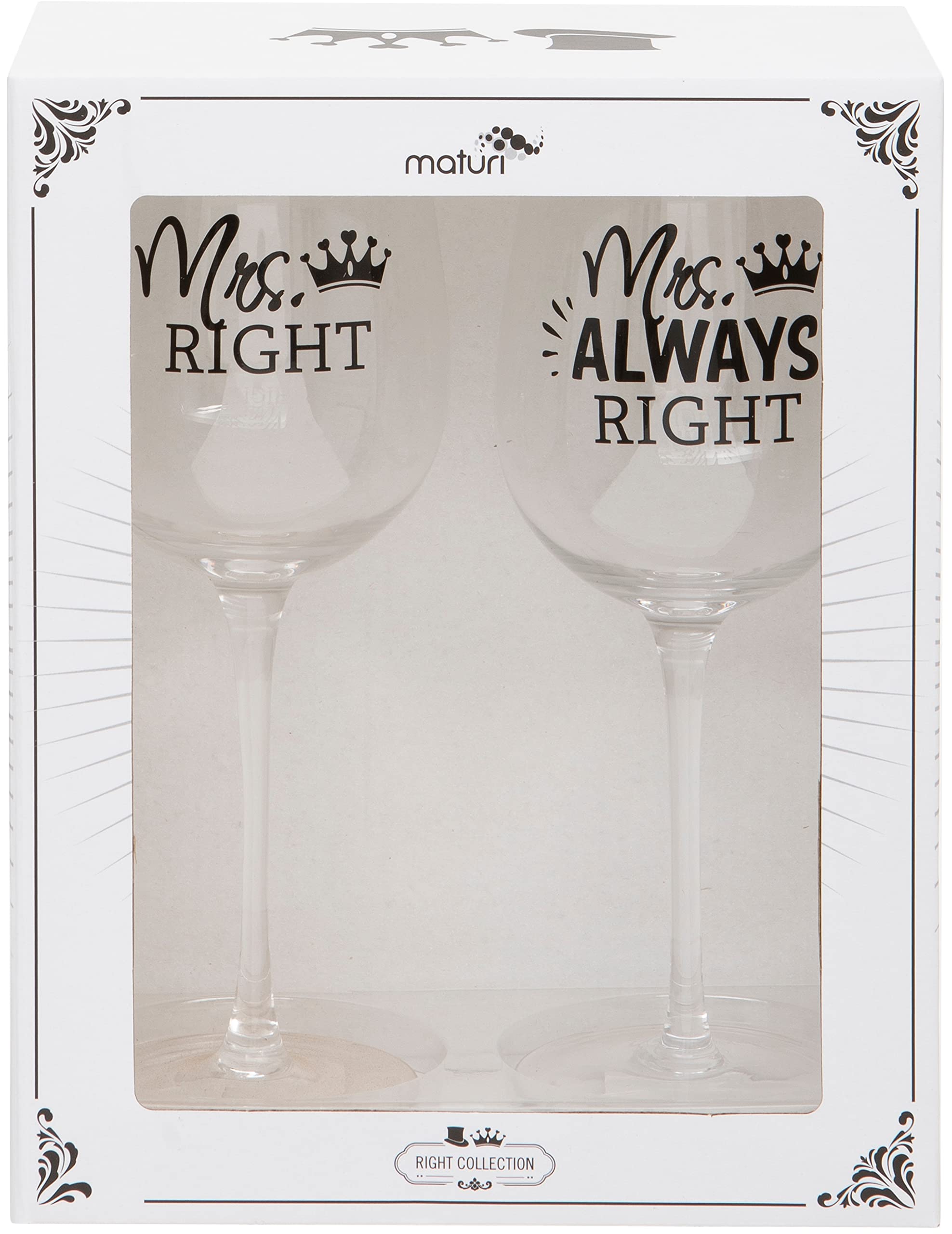 Maturi Set of Two Mrs Right Mrs Always Right Wine Glasses, 420ml / 14.2 fl oz