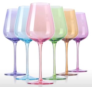 physkoa colored wine glasses set of 6 - crystal colorful wine glasses with long stem and thin rim,perfect colored wine stemware for wine lover in christmas,thanksgiving,15oz(mixed color)